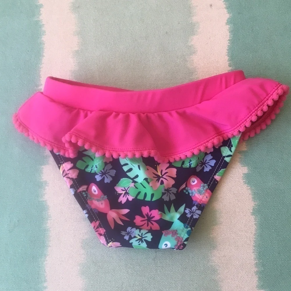 Viv & Lou Floral Ruffle Bikini Swimsuit Pom Pom Trim Small